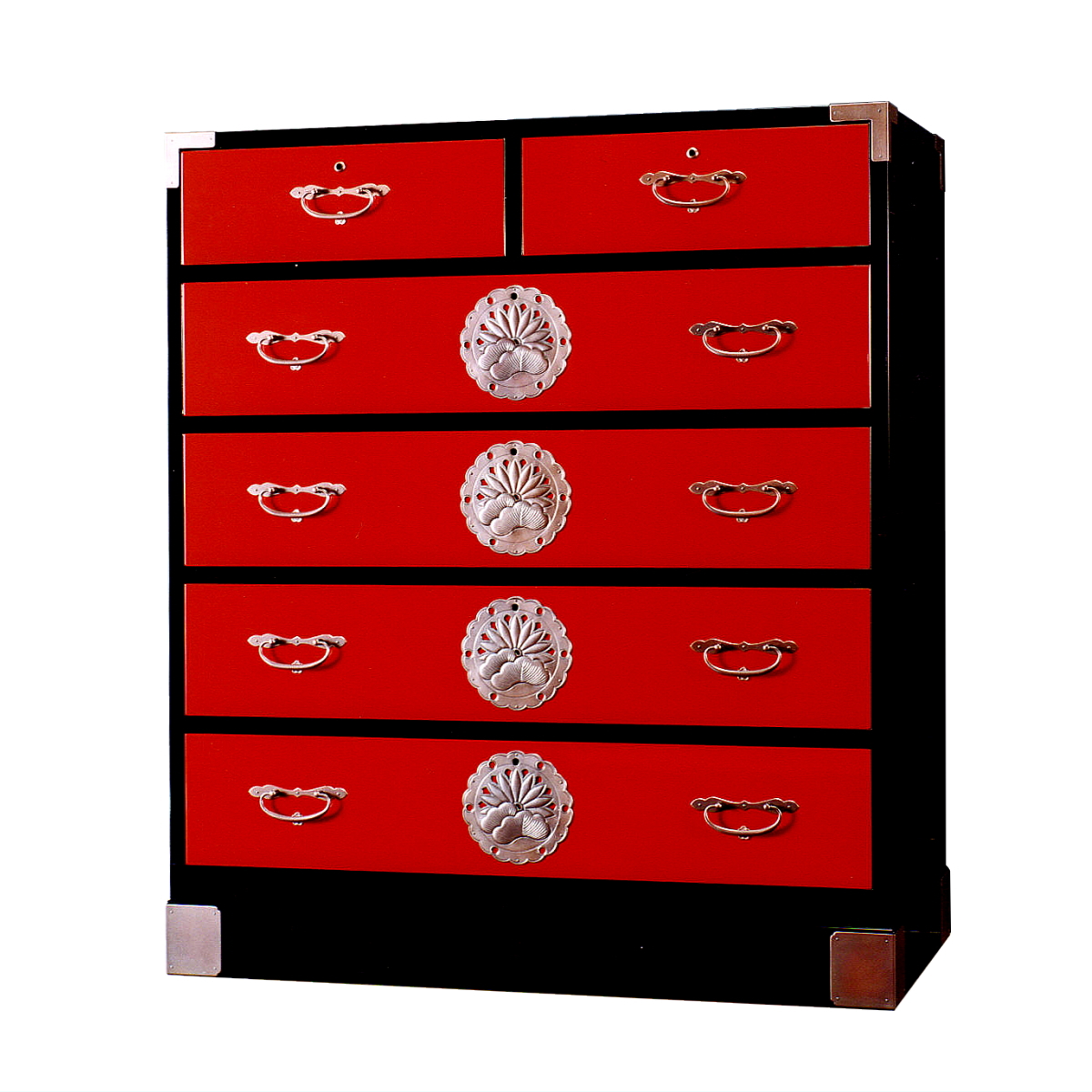 Nihonmatsu Traditional Furniture - 30 Fork Art Chest of Drawers 4-2 Vermilion and Black